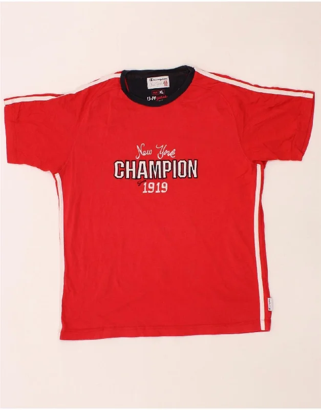 men's relaxed fit t-shirts -CHAMPION Boys New York Graphic T-Shirt Top 13-14 Years XL Red