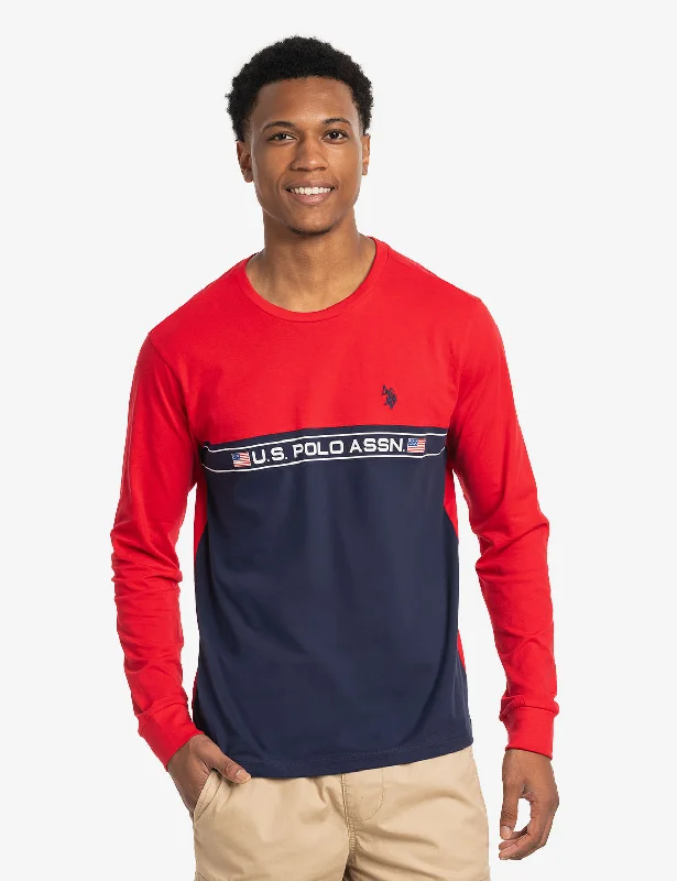 men's slogan t-shirts -COLORBLOCK PIECED LONG SLEEVE T-SHIRT