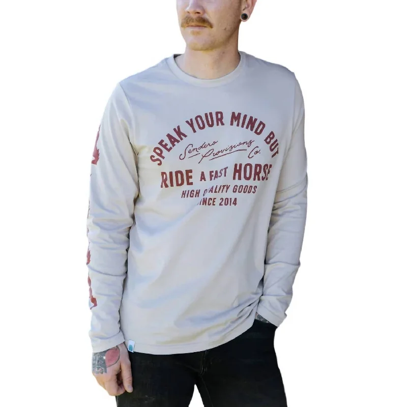 men's trendy t-shirts -Fast Horse Long Sleeve T-Shirt In Sand