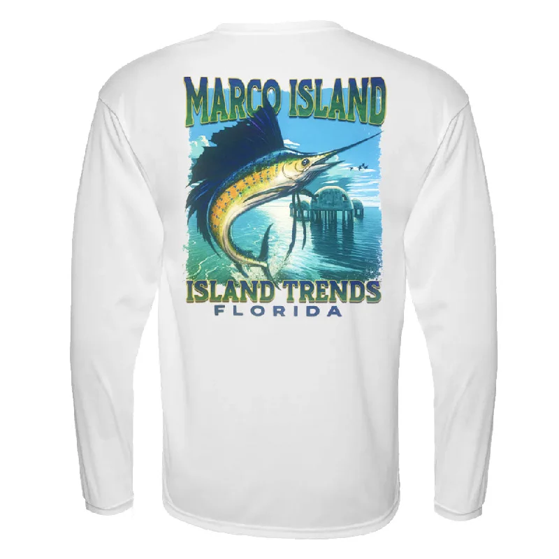 men's soft t-shirts -Island Trends Marco Island Marlin Dome Long Sleeve Performance T-Shirt - White