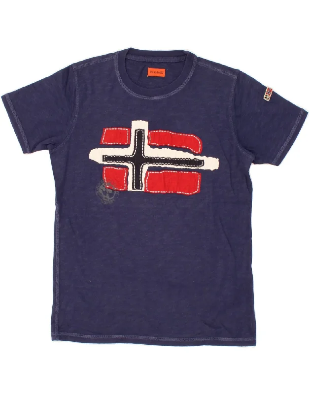 men's comfortable t-shirts -NAPAPIJRI Boys Graphic T-Shirt Top 11-12 Years Navy Blue Cotton