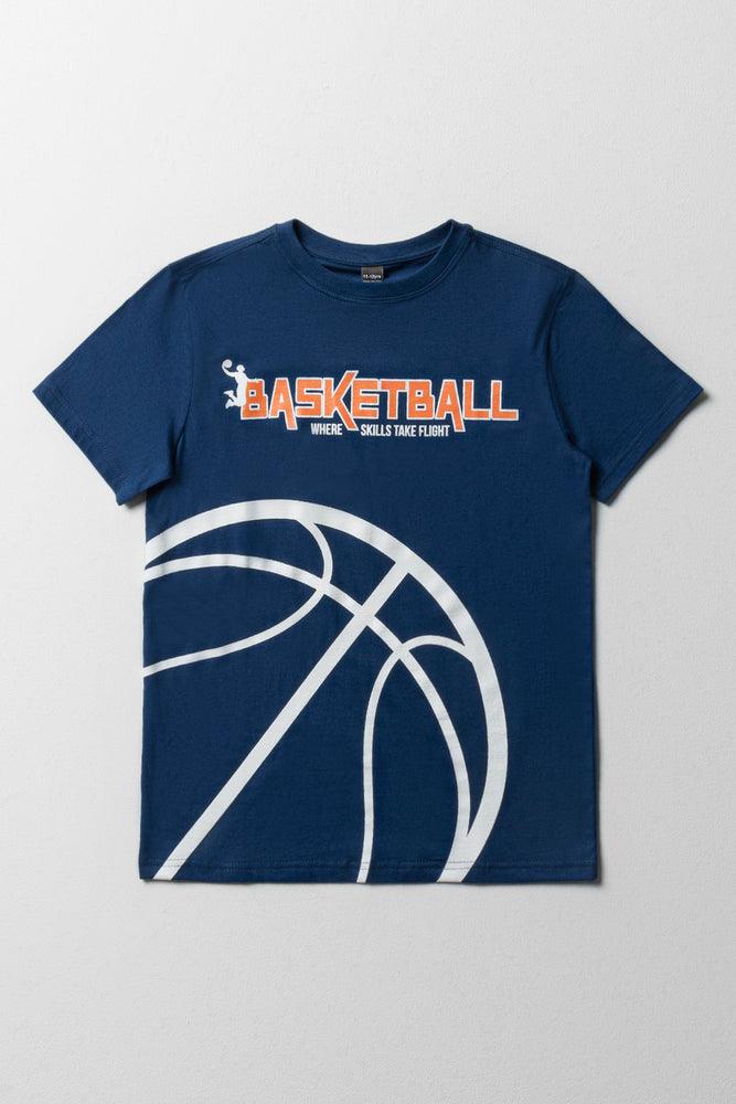 men's oversized graphic t-shirts -Printed T-Shirt Basketball Navy