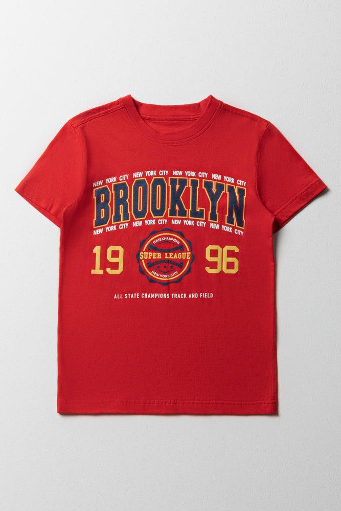 men's colorful graphic tees -Printed T-Shirt Brooklyn Red