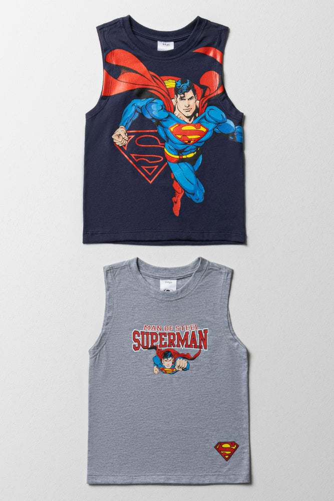 men's eco-friendly printed t-shirts -Superman 2 Pack Sleeveless T-Shirts Navy & Grey