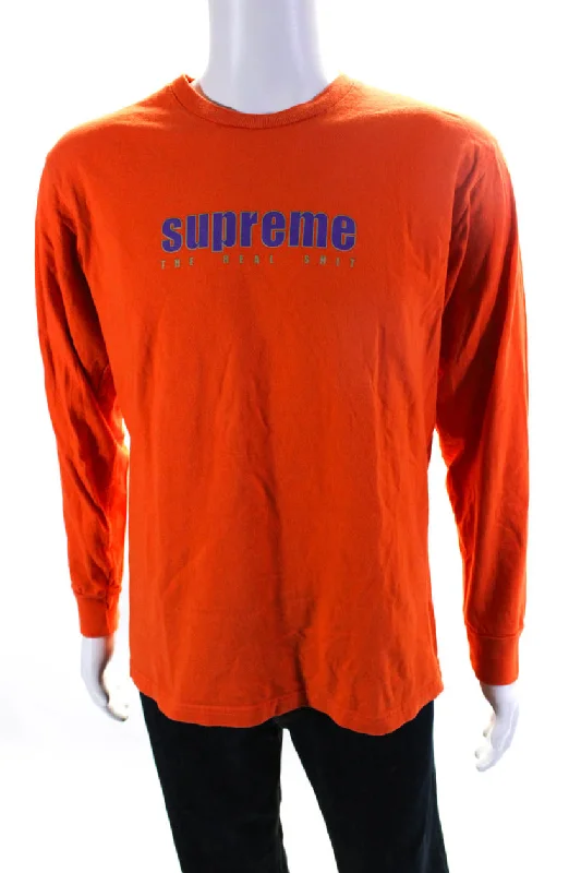 men's graphic slogan t-shirts -Supreme Mens Long Sleeve Crew Neck Logo Tee Shirt Orange Purple