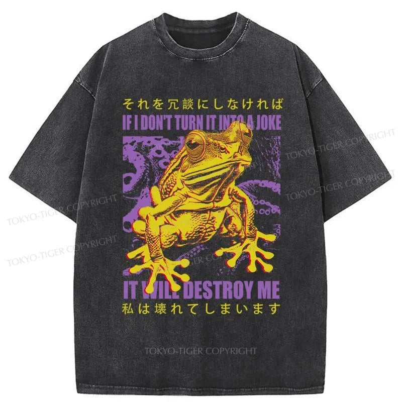 men's slim-fit plain t-shirts -Tokyo-Tiger A Frog Prone To Emotional Breakdown Washed T-Shirt