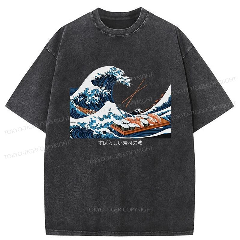 men's comfortable cotton t-shirts -Tokyo-Tiger Amazing Sushi Waves Washed T-Shirt