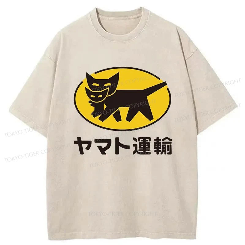 men's plain t-shirts -Tokyo-Tiger Black Cat Transport Pattern Japanese Washed T-Shirt