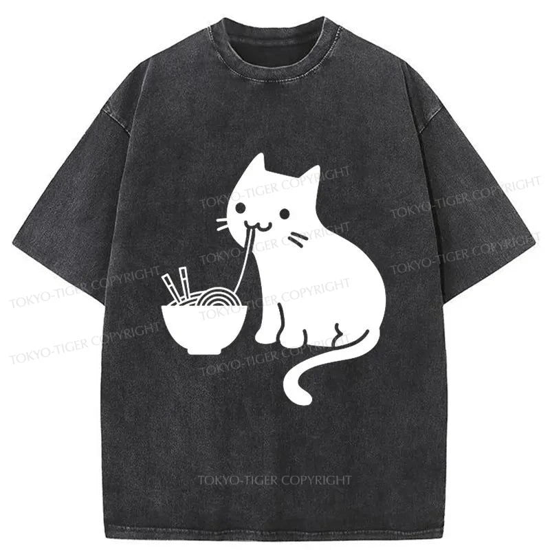 men's custom logo t-shirts -Tokyo-Tiger Cat Eating Ramen Japan Washed T-Shirt