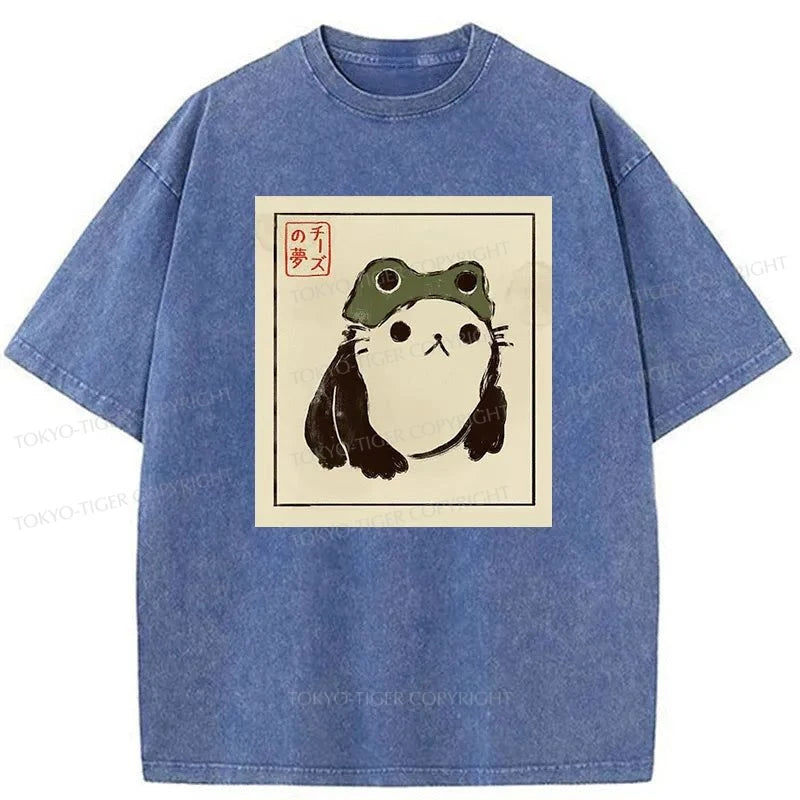 men's long sleeve t-shirts -Tokyo-Tiger Cat In A Frog Hat Washed T-Shirt