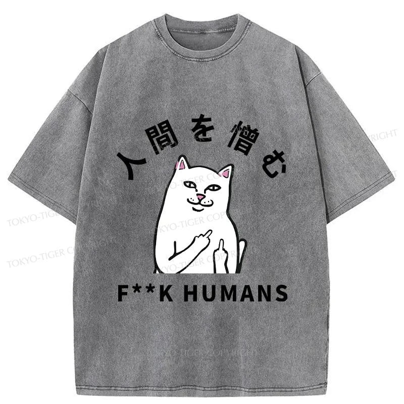 men's cotton-rich t-shirts -Tokyo-Tiger Cats That Hate People Washed T-Shirt