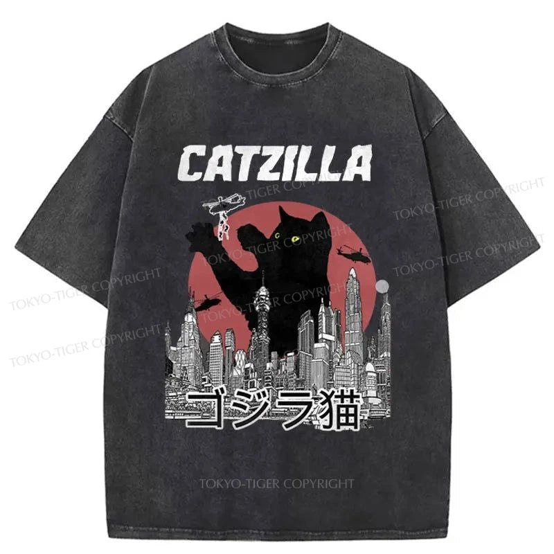 men's comfortable cotton t-shirts -Tokyo-Tiger Catzilla Vintage Washed T-Shirt