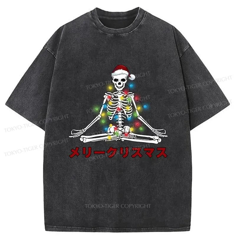 men's funny printed t-shirts -Tokyo-Tiger Christmas Skull Sitting Like Buddha Washed T-Shirt