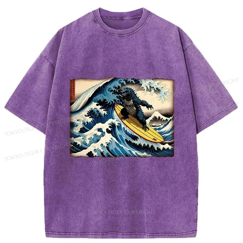 men's slim t-shirts -Tokyo-Tiger Dinosaur Surfing Japanese Washed T-Shirt