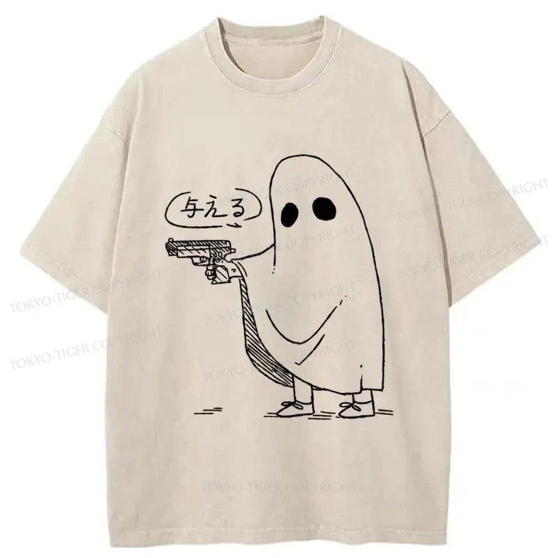 men's unique graphic t-shirts -Tokyo-Tiger Ghost With Gun Japan Washed T-Shirt