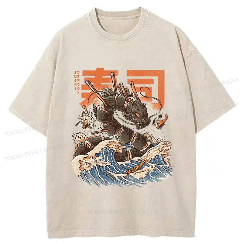 men's trendy printed t-shirts -Tokyo-Tiger Great Sushi Dragon Washed T-Shirt