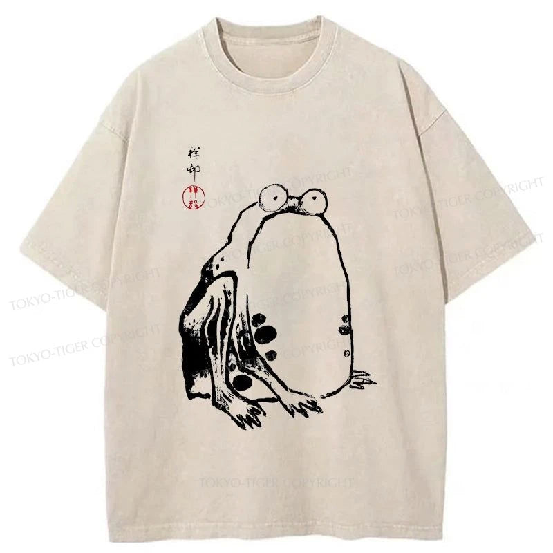 men's trendy t-shirts -Tokyo-Tiger Grumpy Frog Matsumoto Hoji Washed T-Shirt