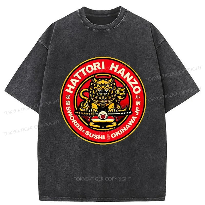 men's simple stylish t-shirts -Tokyo-Tiger Hattori Hanzo - Swords Sushi Washed T-Shirt