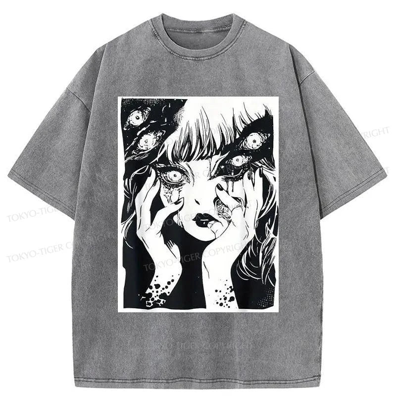 men's cotton t-shirts for summer -Tokyo-Tiger Horror Manga Girl Washed T-Shirt