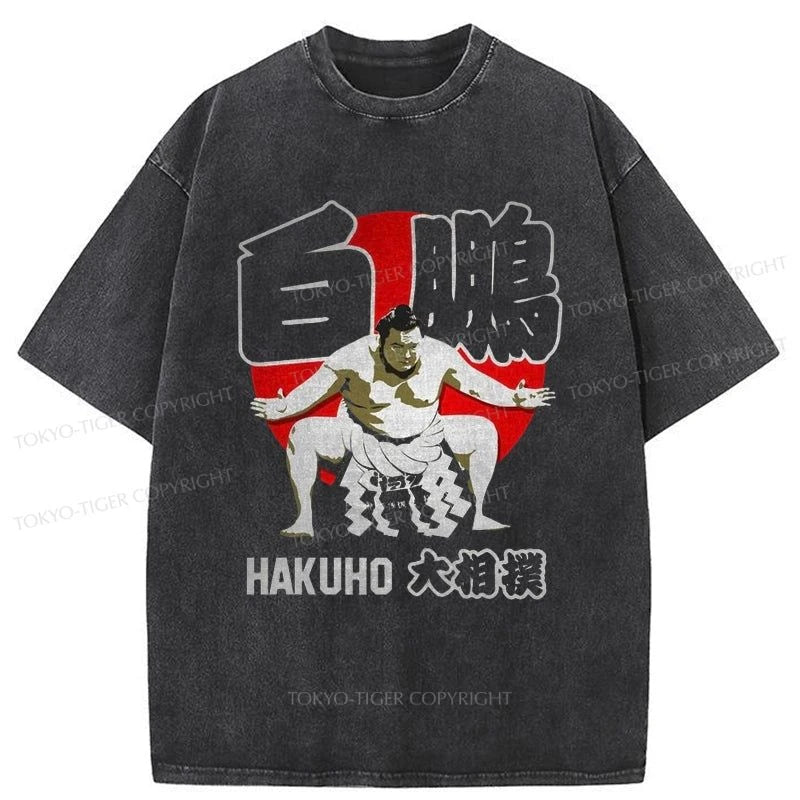 men's athletic graphic t-shirts -Tokyo-Tiger JAPAN SUMO HAKUHO SHO Washed T-Shirt