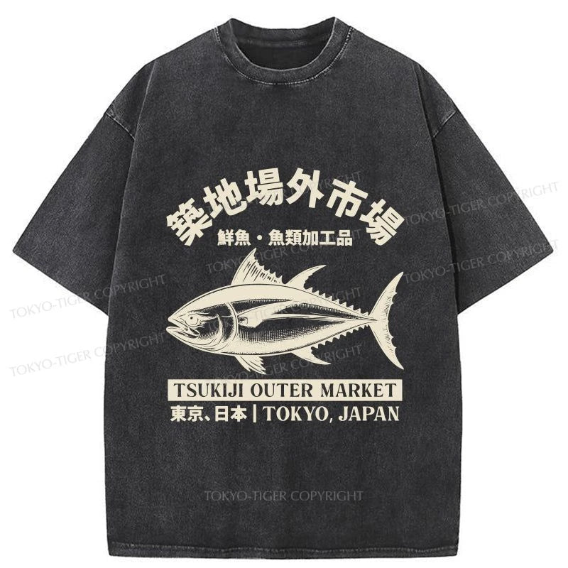 men's relaxed fit graphic t-shirts -Tokyo-Tiger Japan Tsukiji Fish Market Washed T-Shirt