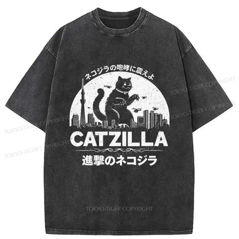 men's designer t-shirts -Tokyo-Tiger Japanese Catzilla Washed T-Shirt