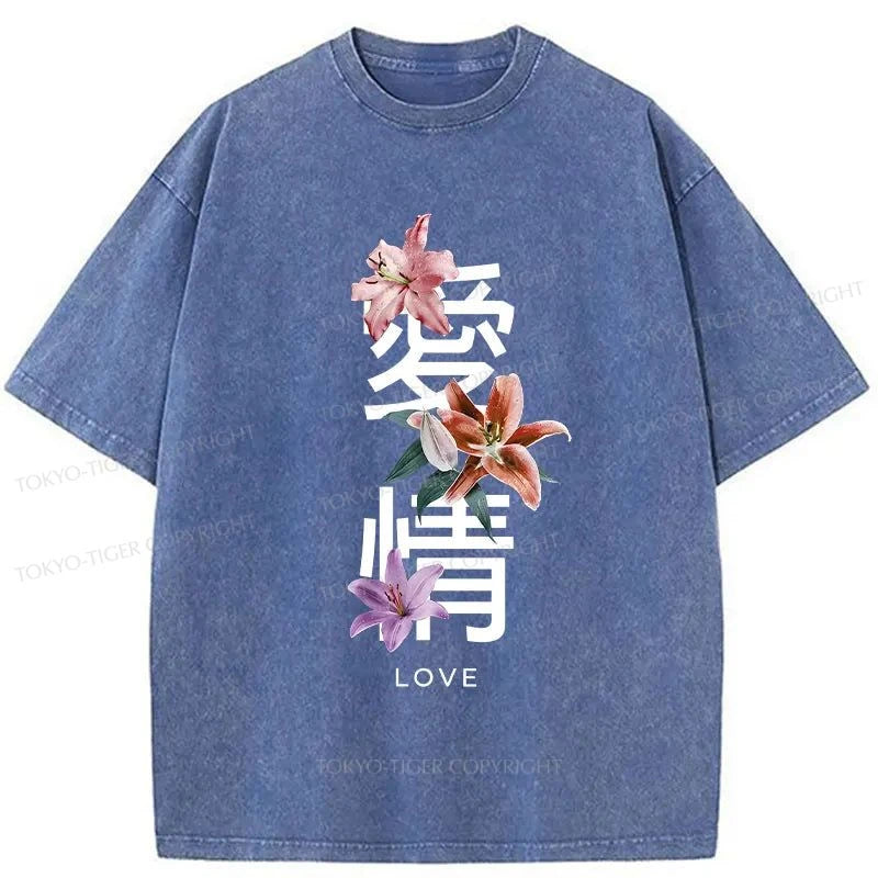 men's casual t-shirts -Tokyo-Tiger Japanese Love Kanji Washed T-Shirt