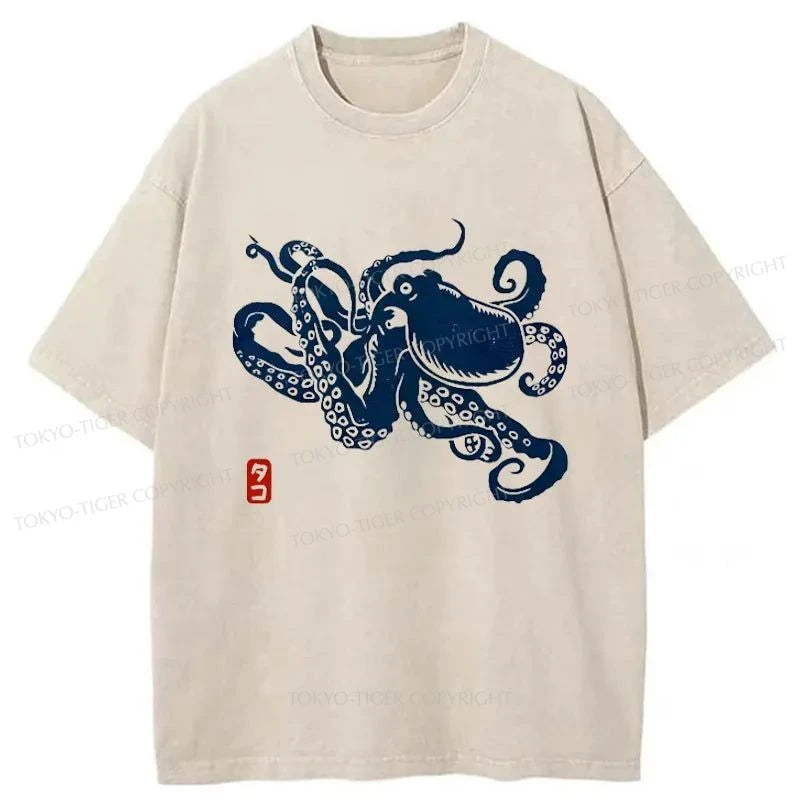 men's vintage t-shirts -Tokyo-Tiger Japanese Octopus Washed T-Shirt