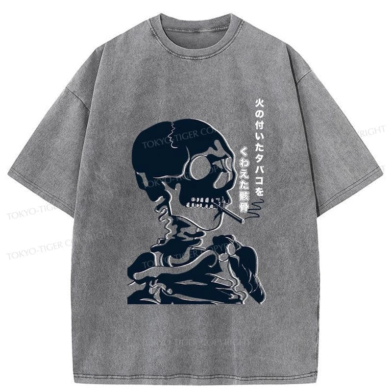 men's comfortable graphic tees -Tokyo-Tiger Japanese Retro Skeleton Washed T-Shirt