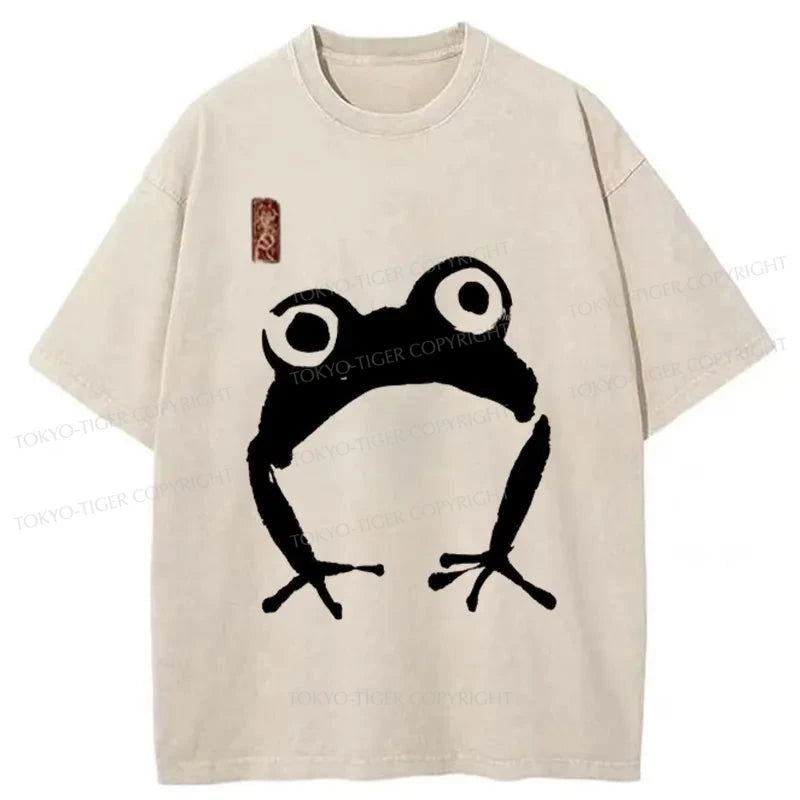 men's soft and breathable t-shirts -Tokyo-Tiger Japanese Woodblock Print Frog Washed T-Shirt