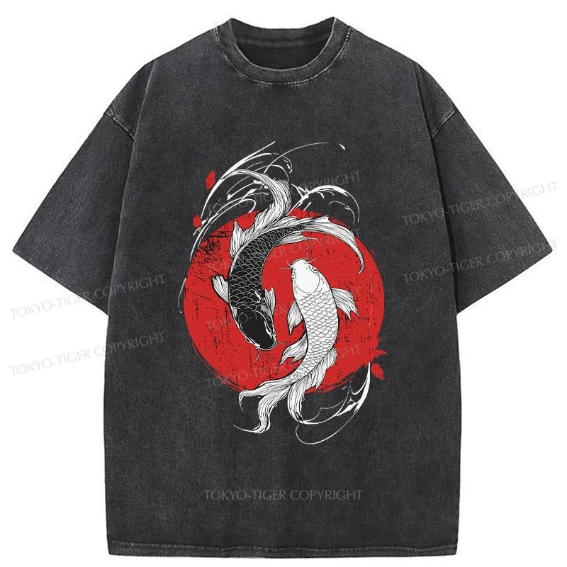 men's cool summer t-shirts -Tokyo-Tiger Japanese Yin Yang Koi Washed T-Shirt