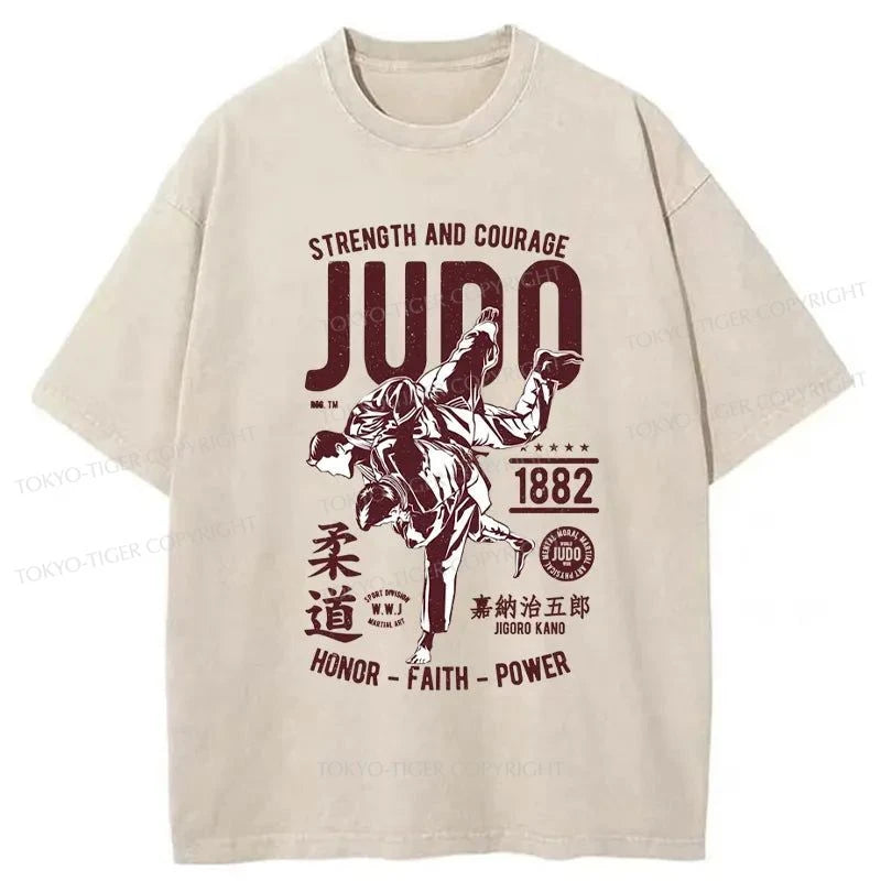 men's casual graphic t-shirts -Tokyo-Tiger JUDO Japanese Washed T-Shirt