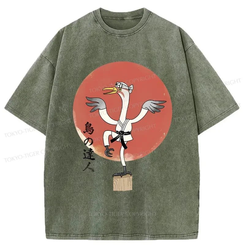 men's bold graphic t-shirts -Tokyo-Tiger Karate Crane Japan Washed T-Shirt