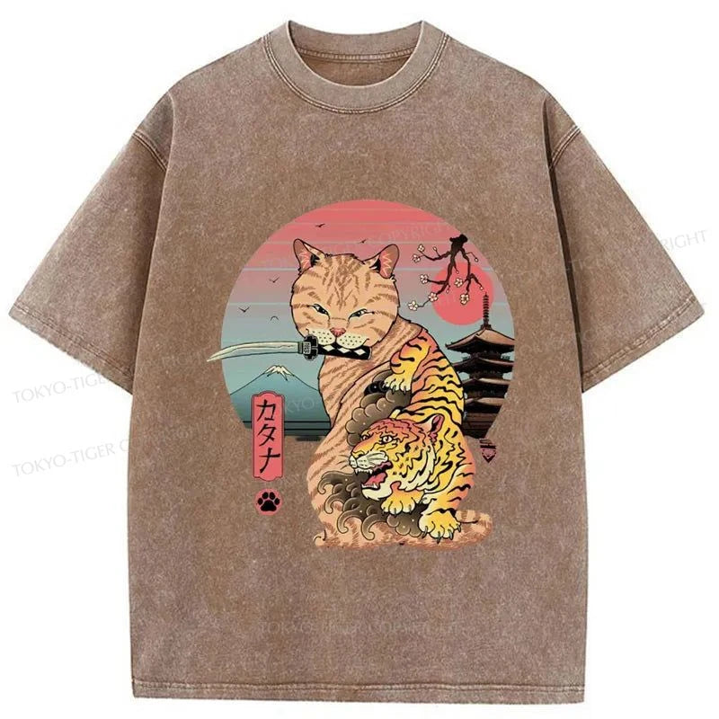 men's basic t-shirts -Tokyo-Tiger Katana Cat Tattoo Washed T-Shirt