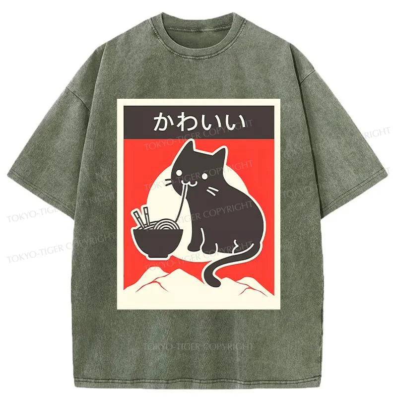 men's high-quality t-shirts -Tokyo-Tiger Kawaii Vintage Ramen Cat Washed T-Shirt