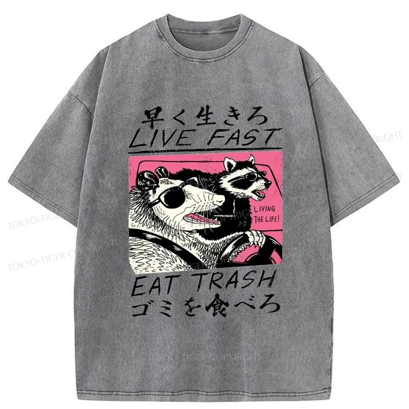 men's eco-friendly t-shirts -Tokyo-Tiger Live Fast  Eat Trash Washed T-Shirt