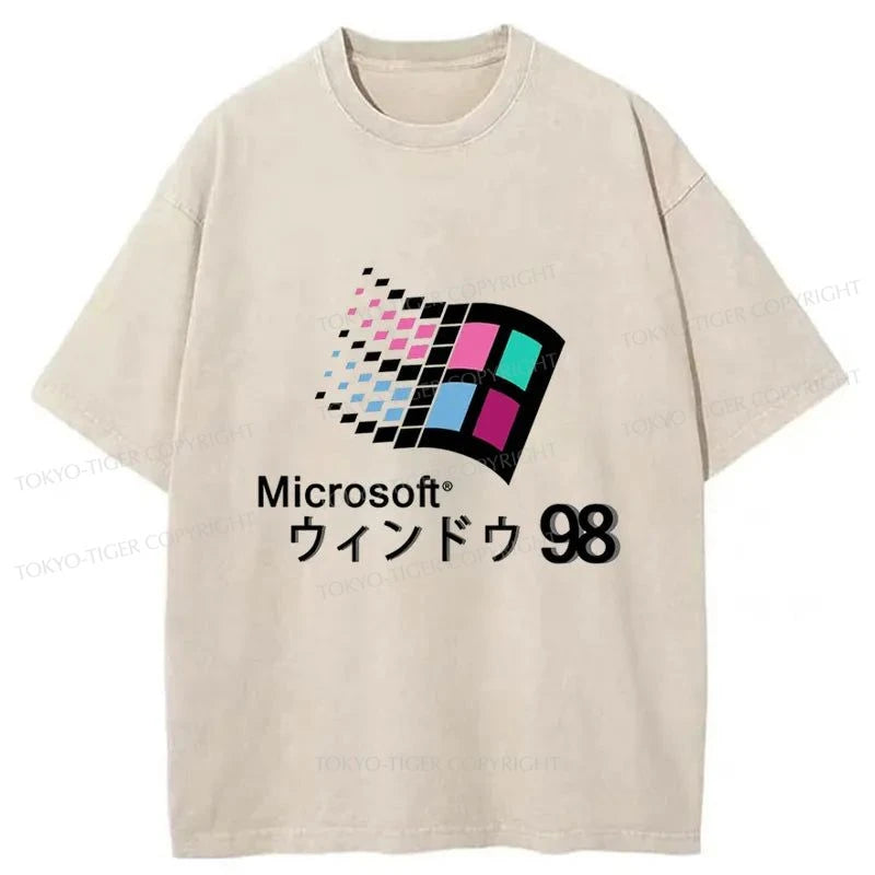 men's fashion-forward t-shirts -Tokyo-Tiger Microsoft Windows 98 Washed T-Shirt