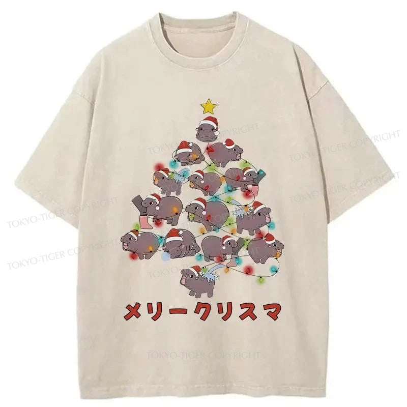 men's printed t-shirts -Tokyo-Tiger Moo Deng Christmas Tree Japanese Washed T-Shirt