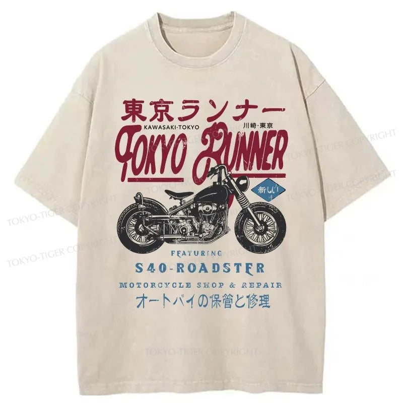 men's sporty t-shirts -Tokyo-Tiger Motorcycle Japanese Washed T-Shirt