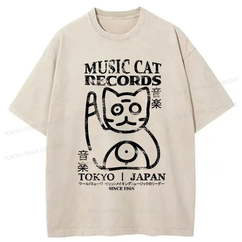 men's funny printed t-shirts -Tokyo-Tiger Music Cat Japanese Washed T-Shirt