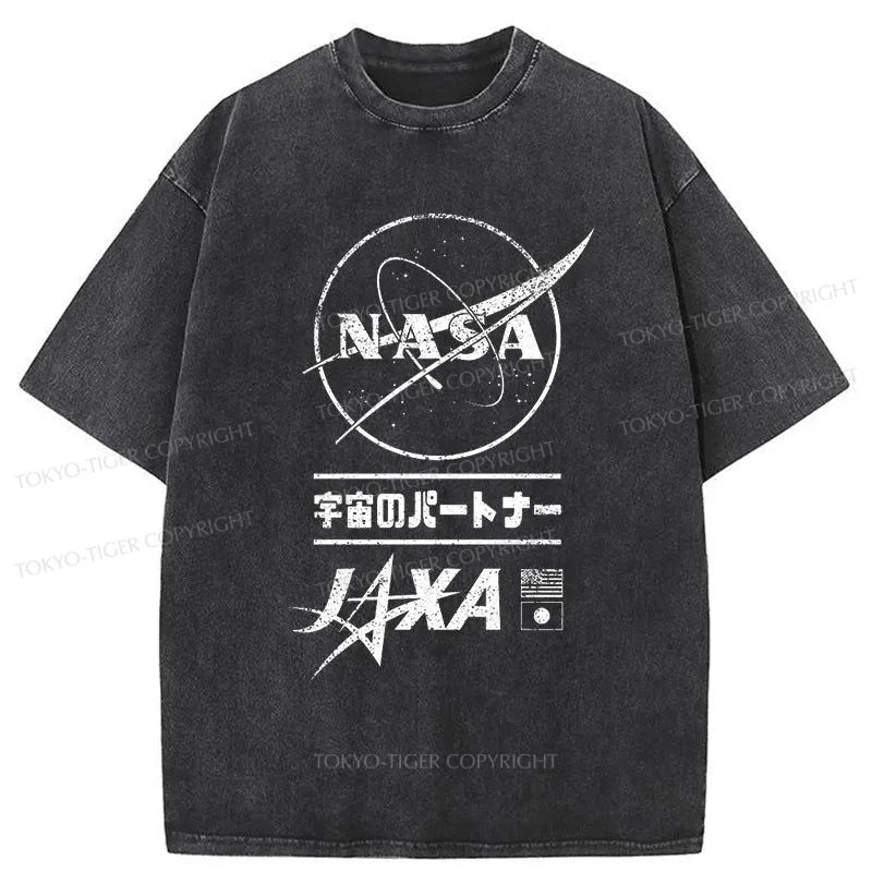 men's slim-fit graphic t-shirts -Tokyo-Tiger NASA JAXA Space Partners Washed T-Shirt