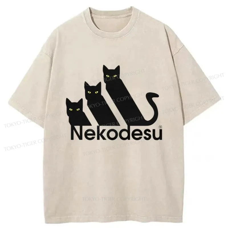 men's basic t-shirts -Tokyo-Tiger Nekodesu Japanese Washed T-Shirt