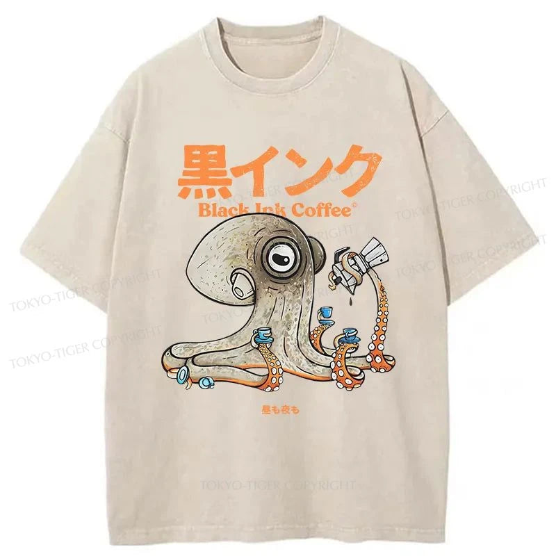 men's polo t-shirts -Tokyo-Tiger Octopus Drinks Black Coffee Washed T-Shirt