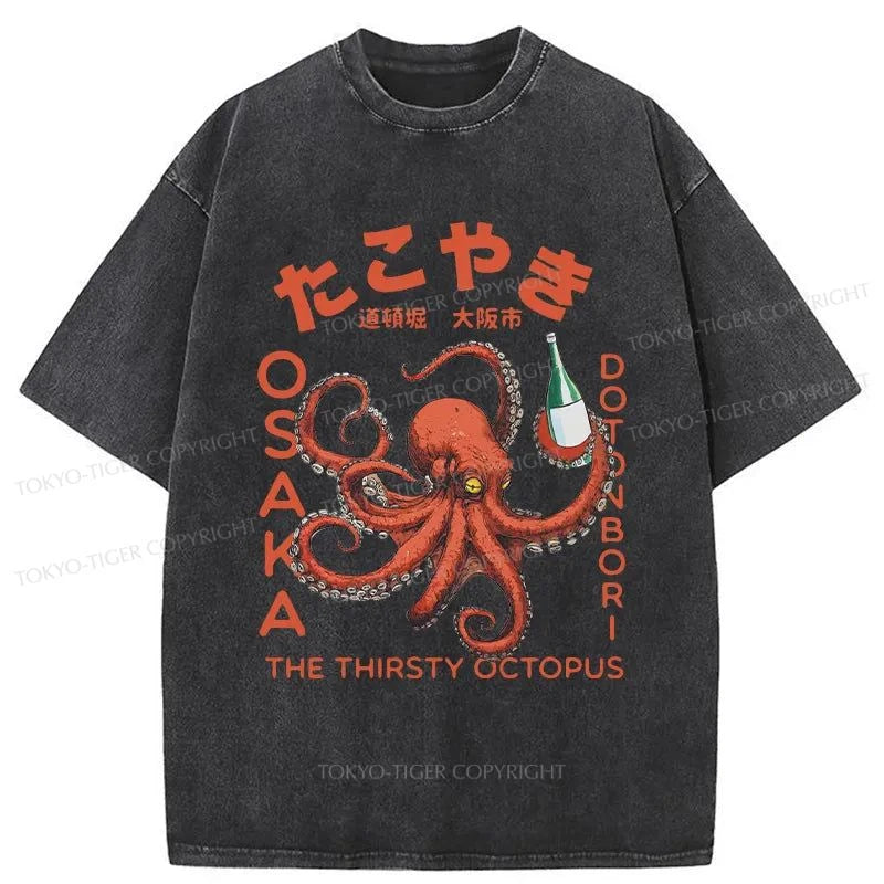 men's comfortable print tees -Tokyo-Tiger Octopus Drinks Soju Washed T-Shirt