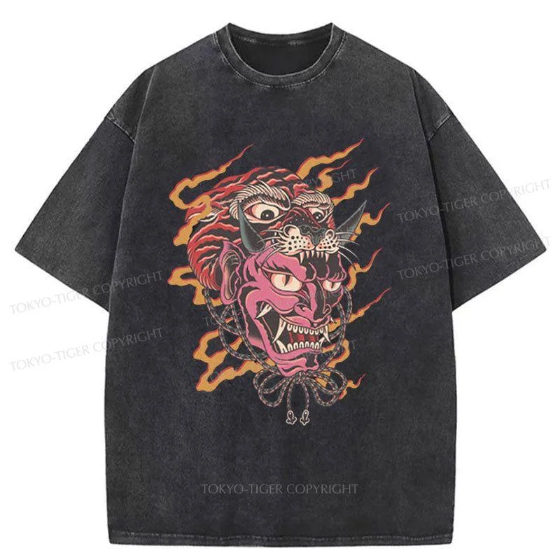 men's comfortable plain t-shirts -Tokyo-Tiger  Oni Tiger Fire Washed T-Shirt