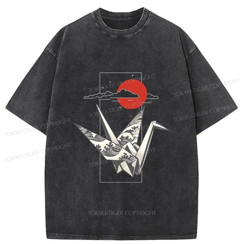 men's fun graphic print t-shirts -Tokyo-Tiger Origami Crane Washed T-Shirt