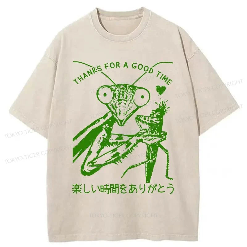 men's printed slogan t-shirts -Tokyo-Tiger Praying Mantis Eats Her Husband Washed T-Shirt