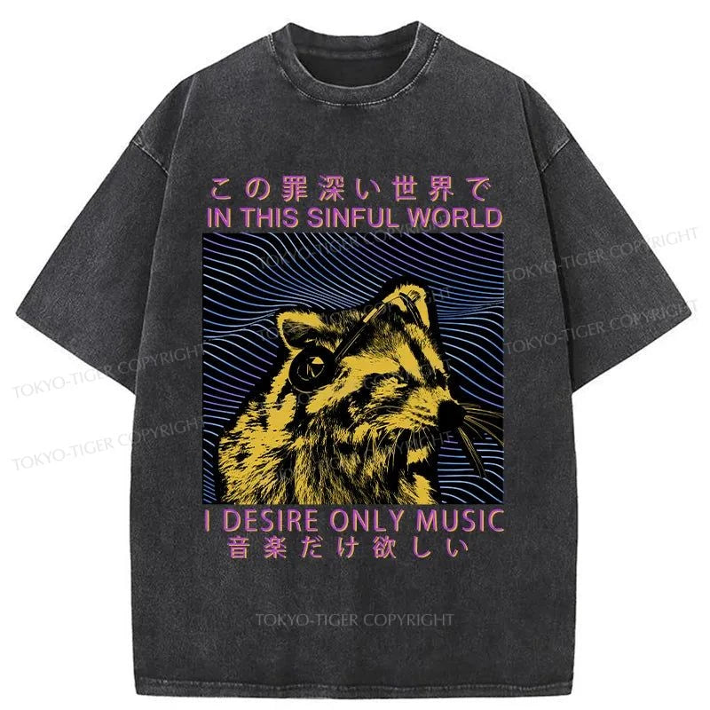 men's funny printed t-shirts -Tokyo-Tiger Raccoon Listening To Music Washed T-Shirt