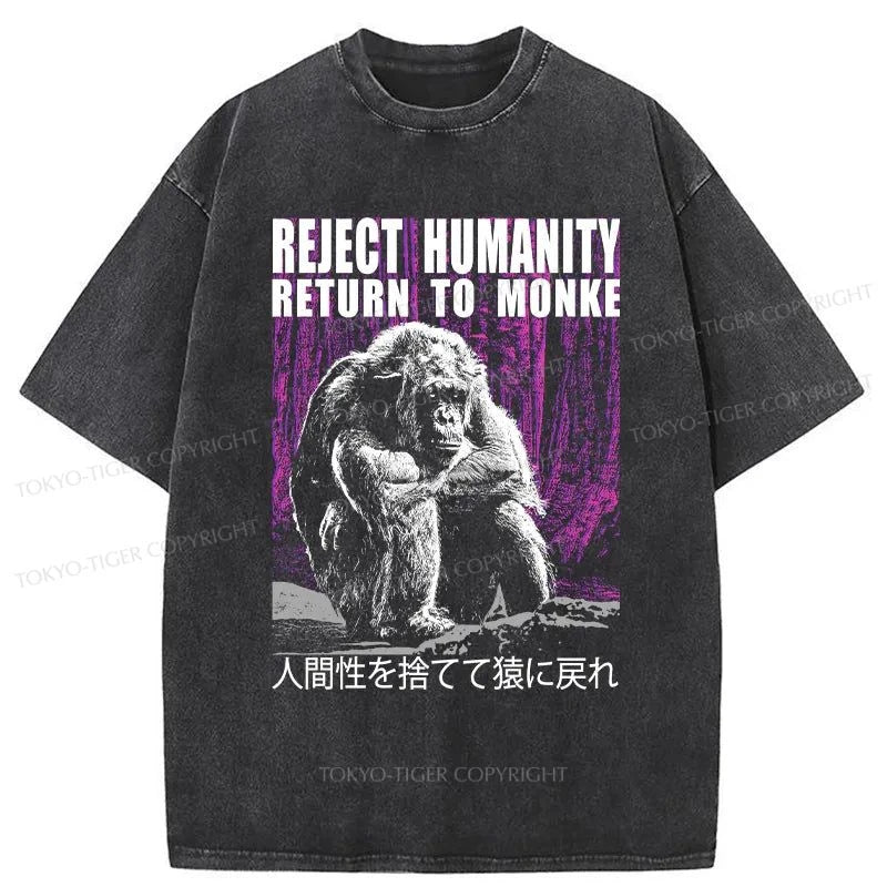 men's graphic print tees for casual wear -Tokyo-Tiger Reject Humanity Return To Monkey Washed T-Shirt