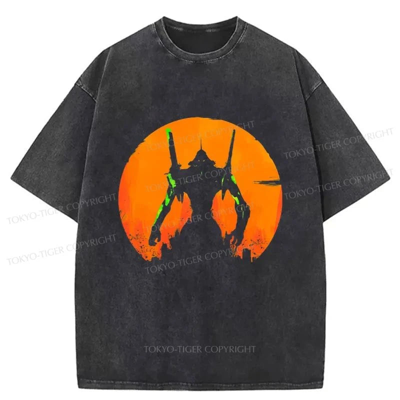 men's long sleeve t-shirts -Tokyo-Tiger Robot Warrior Vintage Washed T-Shirt